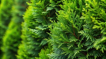 Dense cluster of fresh green branches from a dense hedge of evergreen thuja trees with intricate foliage and subtle texture details , closeup, nature
