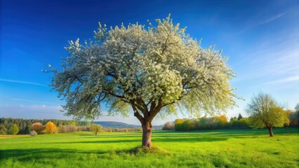 Fototapeta premium Serene orchard with solitary apple tree blooming alone against a clear blue sky and lush green foliage in autumn, blossom, blossom