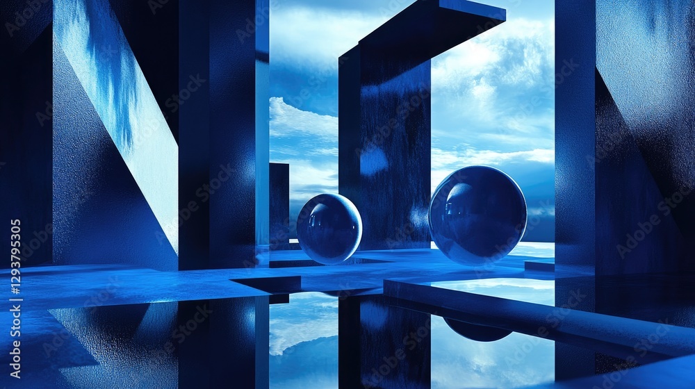 Poster a striking abstract scene with floating spheres and geometric forms, framed in a sleek blue and blac