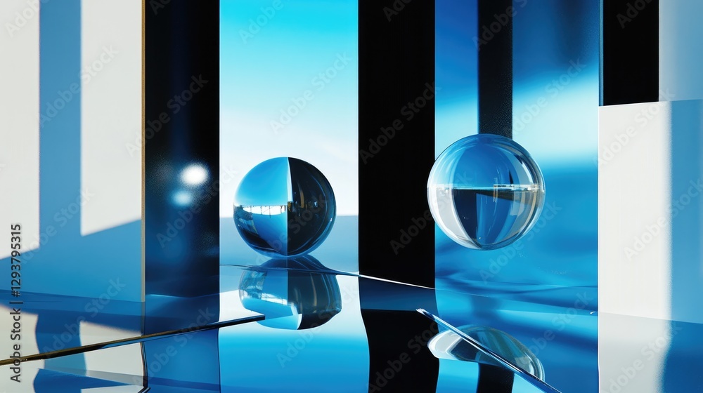 Poster a striking abstract scene with floating spheres and geometric forms, framed in a sleek blue and blac