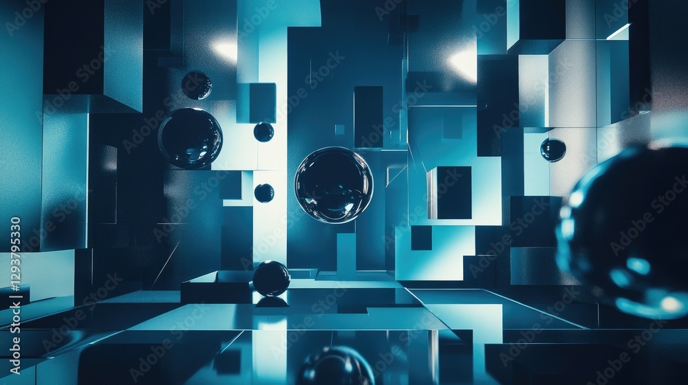Poster a striking abstract scene with floating spheres and geometric forms, framed in a sleek blue and blac