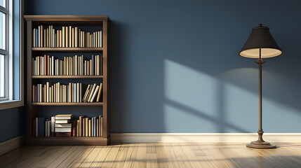 Bookshelf corner room interior with lamp. Sunlight. Peaceful reading nook