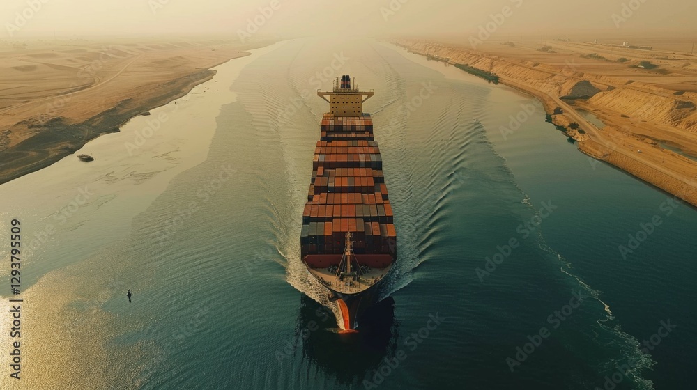 Poster a large cargo ship moves steadily through a calm canal surrounded by sandy terrain. the setting sun 