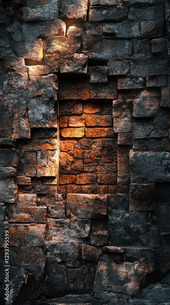 Poster close-up view of a textured stone wall with a crack illuminated by light, showcasing the natural rug