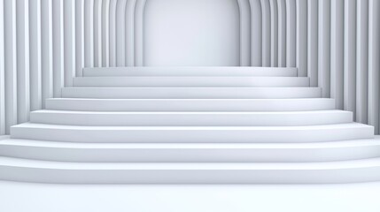 Obraz premium A minimalist white interior featuring a series of smooth steps leading to an archway, creating a serene and spacious atmosphere.