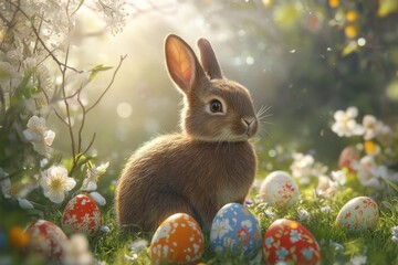 Adorable Brown Bunny in a Spring Meadow with Colorful Easter Eggs &ndash; Cute Rabbit, Vibrant Festive Decor, Easter Celebration, and Springtime Bliss Background