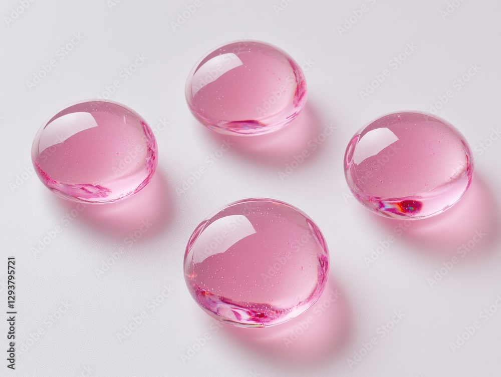 Poster four pink transparent drops on white background creating beautiful light reflections