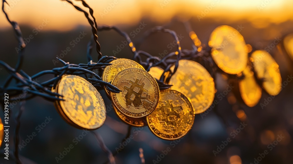 Poster a striking image of golden coins on barbed wire, emphasizing the tension between wealth accumulation