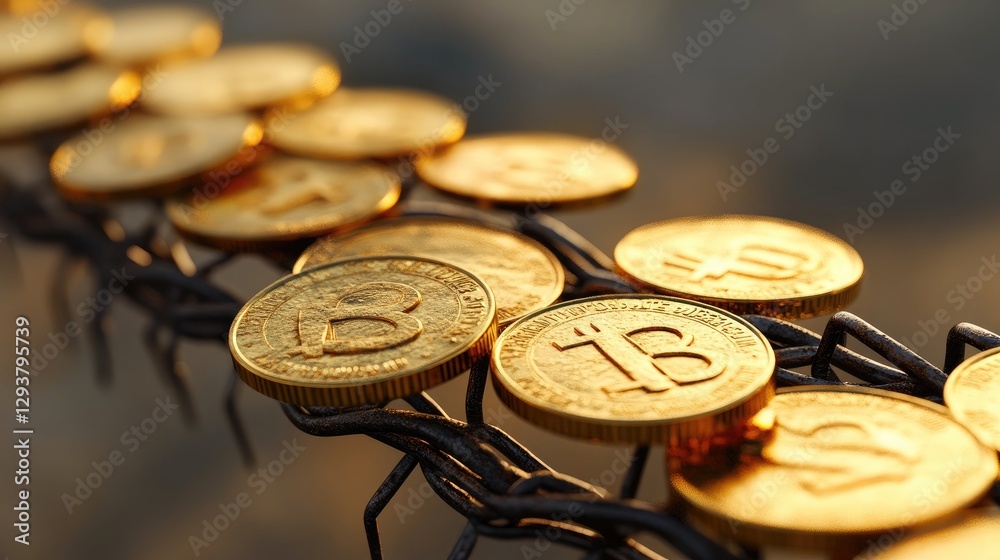 Poster a striking image of golden coins on barbed wire, emphasizing the tension between wealth accumulation