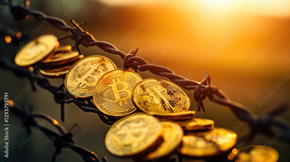 Poster a striking image of golden coins on barbed wire, emphasizing the tension between wealth accumulation