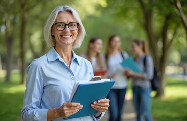 Portrait of middle-aged woman wearing glasses with smile holding folder. Teacher, mentor outdoors with students group on background. Education concept. School, college, university campus life.