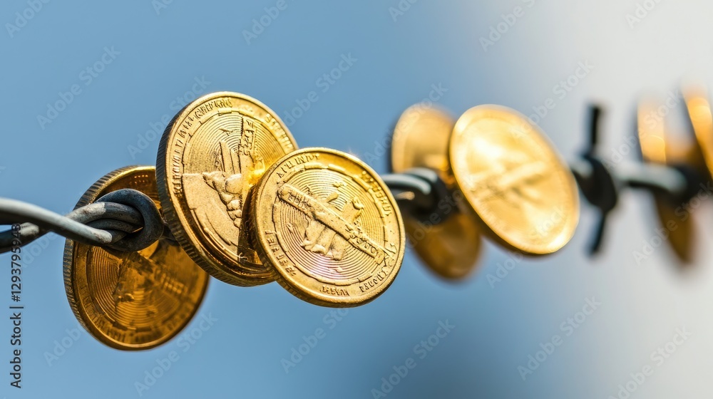 Poster A striking image of golden coins precariously balanced on sharp barbed wire, symbolizing the fragile relationship between wealth and financial risk