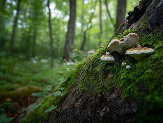 Fototapeta premium Aged Tree Trunk Covered in Moss with Tiny Mushrooms Growing on It
