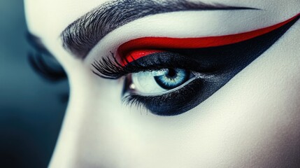A stunning beauty portrait with graphic eyeliner in focus, giving a dramatic, artistic, and high-fashion appeal, with emphasis on eye makeup details