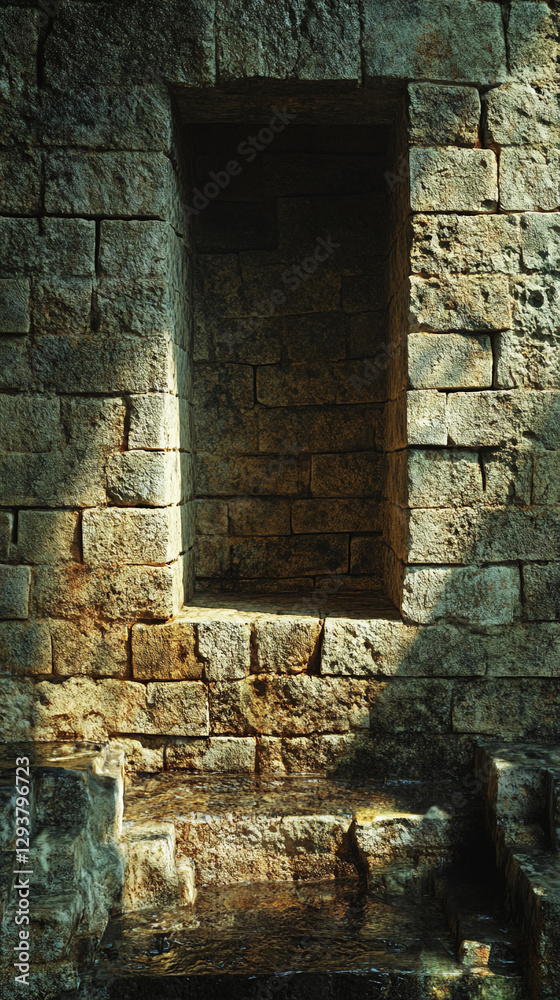 Poster close-up of a weathered stone wall with a hollow niche, illuminated by natural light, creating a sen