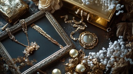 A luxurious golden anniversary gift set featuring gold jewelry, pearls, and decorative elements