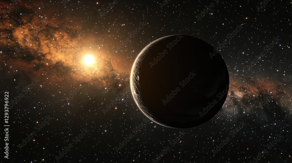 Poster a stunning view of a distant planet in space, captured against the backdrop of a star-filled sky, sh