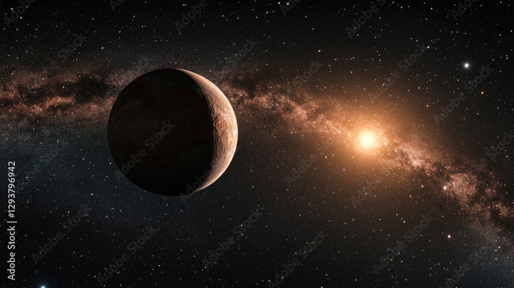 Poster a stunning view of a distant planet in space, captured against the backdrop of a star-filled sky, sh