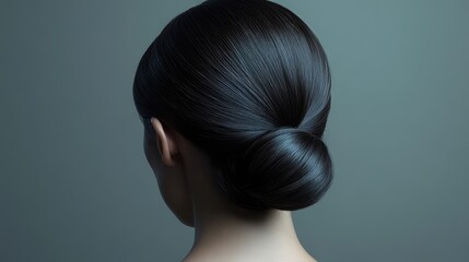 A stunning young woman hairstyle enhanced with a stylish hair clip, framed by a smooth gray backdrop, perfect for a fashion and beauty setting
