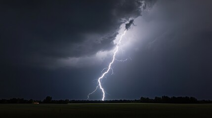 A massive lightning bolt illuminating a stormy night sky over a rural landscape,