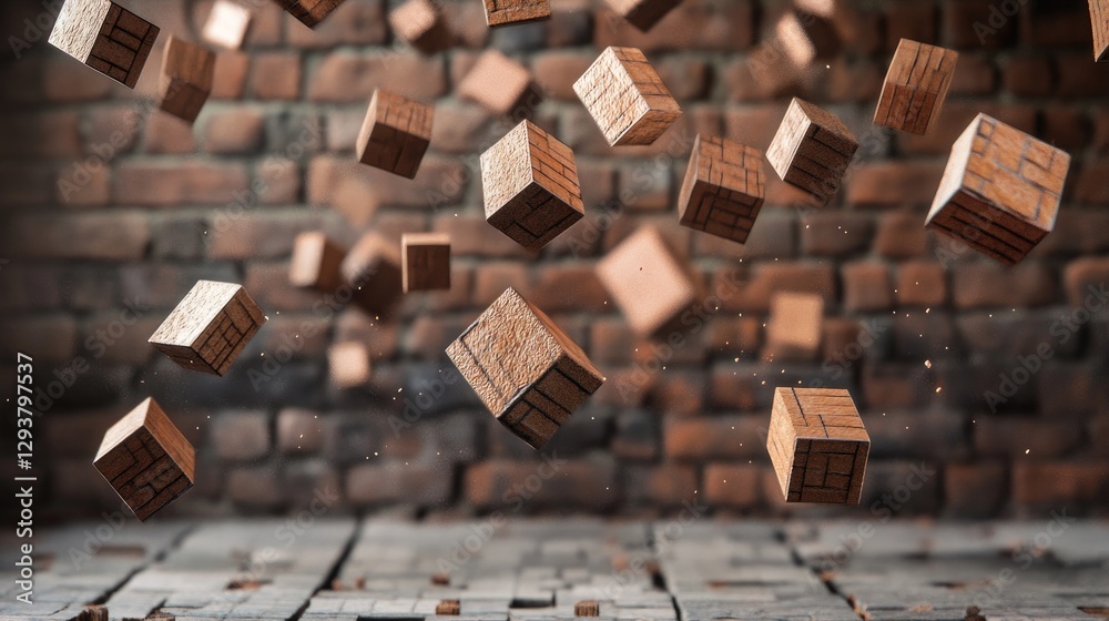 Poster a surreal image of floating bricks in mid-air, with a rustic brick wall as the backdrop, illustratin