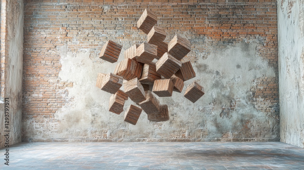 Poster A surreal image of floating bricks in mid-air, with a rustic brick wall as the backdrop, illustrating motion and architectural depth in a modern design