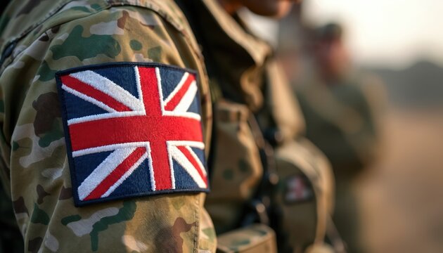 Closeup of UK flag patch on soldier camouflage uniform sleeve. British military armed forces member. Symbol patriotism, national pride. Defence army man in combat gear. Veteran warrior. Authority, - Powered by Adobe