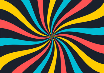 Dynamic abstract design of wavy colored stripes on a dark background forming curved waves with a comic book style spinning effect.