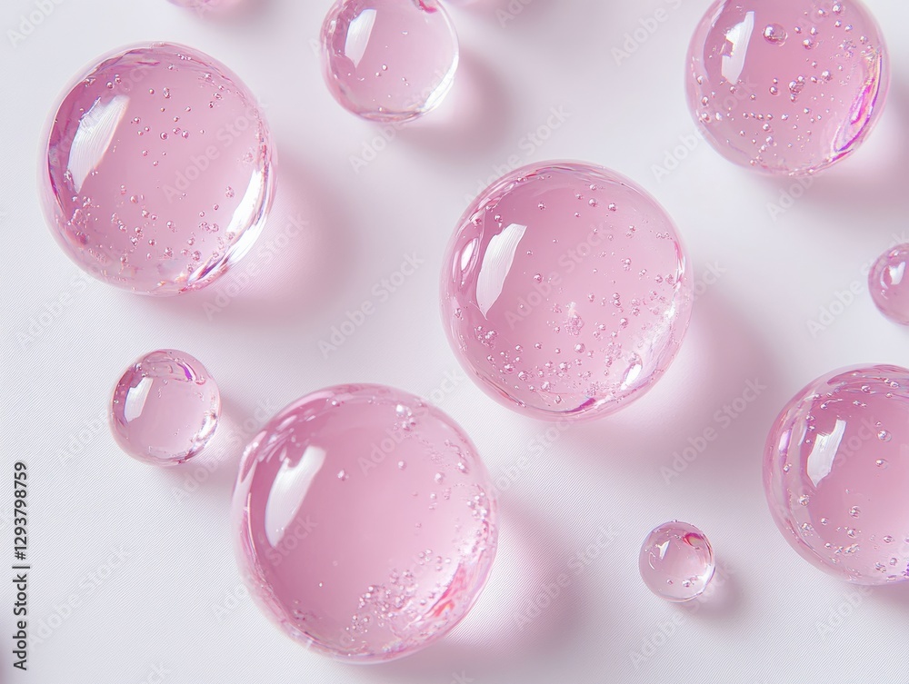 Poster pink transparent round liquid drops floating on white background