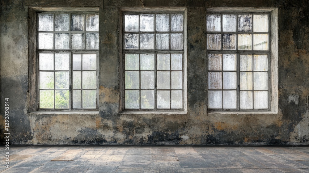 Poster A textured old wall with expansive panoramic windows, offering clear space for adding text or graphics, perfect for creating a rustic, timeless look