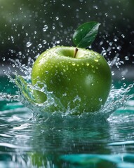 Green apple with leaf splashes into clear turquoise water