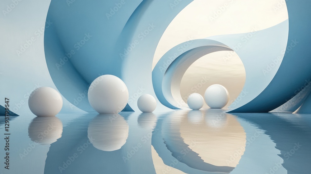 Poster a tranquil abstract composition of spheres and cylindrical structures in a serene, cool-toned enviro