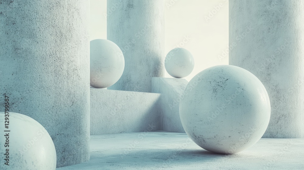 Poster a tranquil abstract composition of spheres and cylindrical structures in a serene, cool-toned enviro