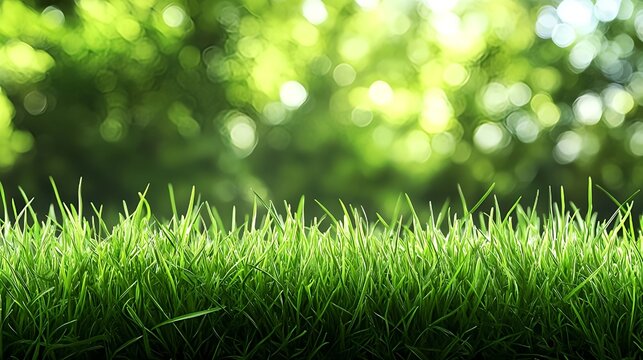 Foto em close de grama verde com fundo de jardim desfocado