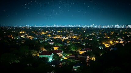 Obraz premium Nighttime Cityscape Suburban Houses Skyline Stars