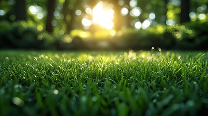 Naklejka premium Foto em close de grama verde com fundo de jardim desfocado