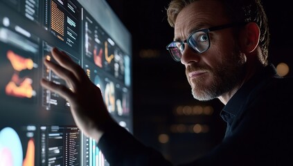 Focused Man Analyzing Data on Large Touchscreen Display at Night