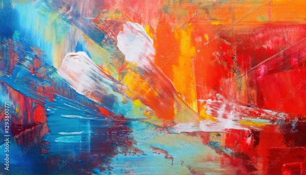 Poster abstract expressionist painting with bold strokes of red, orange, blue, and white highlighting dynam