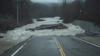 A road completely washed away by floodwaters