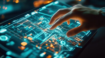 Engineers hand interacting with a futuristic, transparent display, navigating a complex network of digital connections in vibrant teal and orange hues