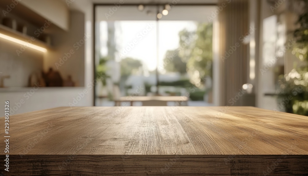 Poster empty wooden table displaying products in a modern kitchen