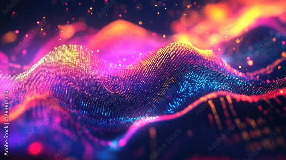 Poster a vivid waveform visualization in a digital environment, showcasing vibrant colors and motion, ideal