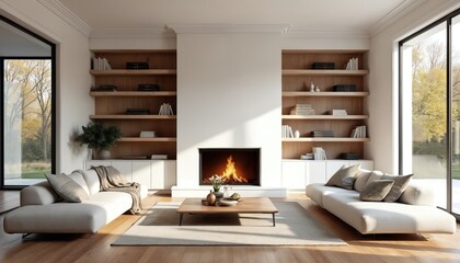 Fototapeta premium Bright living room interior with hardwood floors, fireplace, large windows overlooking backyard. Modern home features stylish bookshelves, furniture, decor. Cozy atmosphere new mansion, family house.