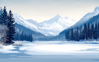 Snowy Mountain Lake Landscape, Winter Scene, Calm Nature