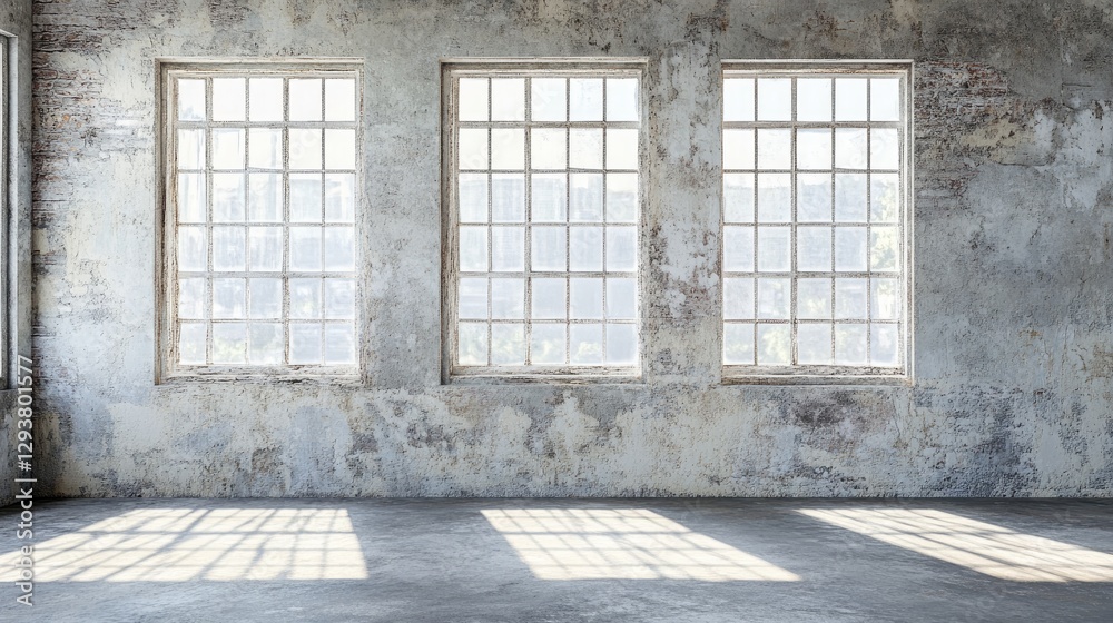 Poster A weathered textured wall with wide panoramic windows, ideal for placing text or graphics, creating a rustic and spacious atmosphere