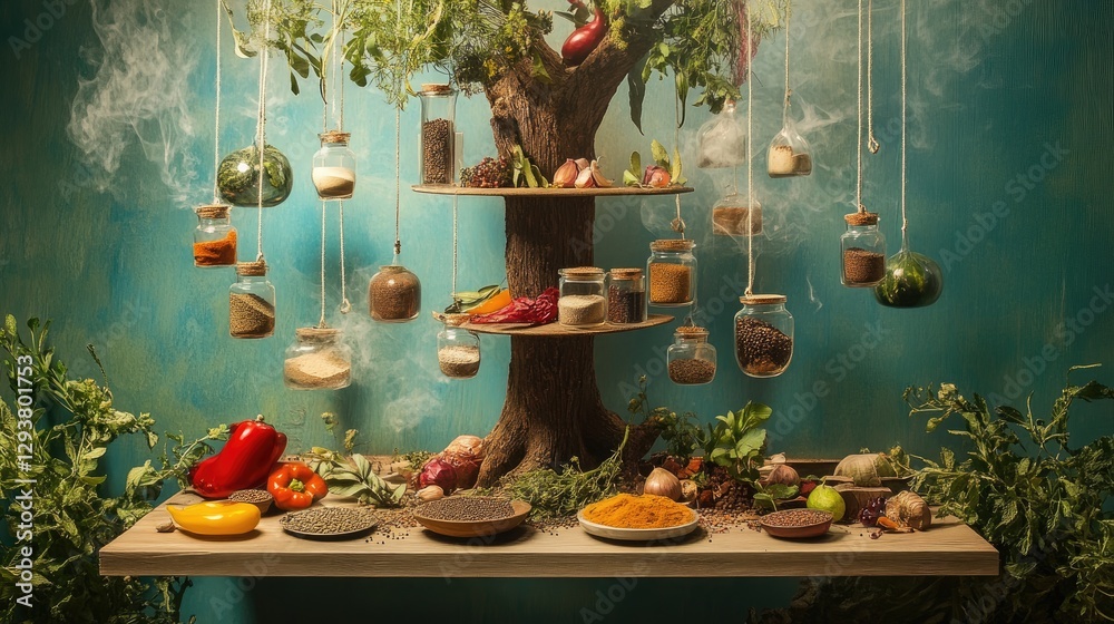 Poster A whimsical cookbook display with suspended spices and ingredients, creating an imaginative and unique visual