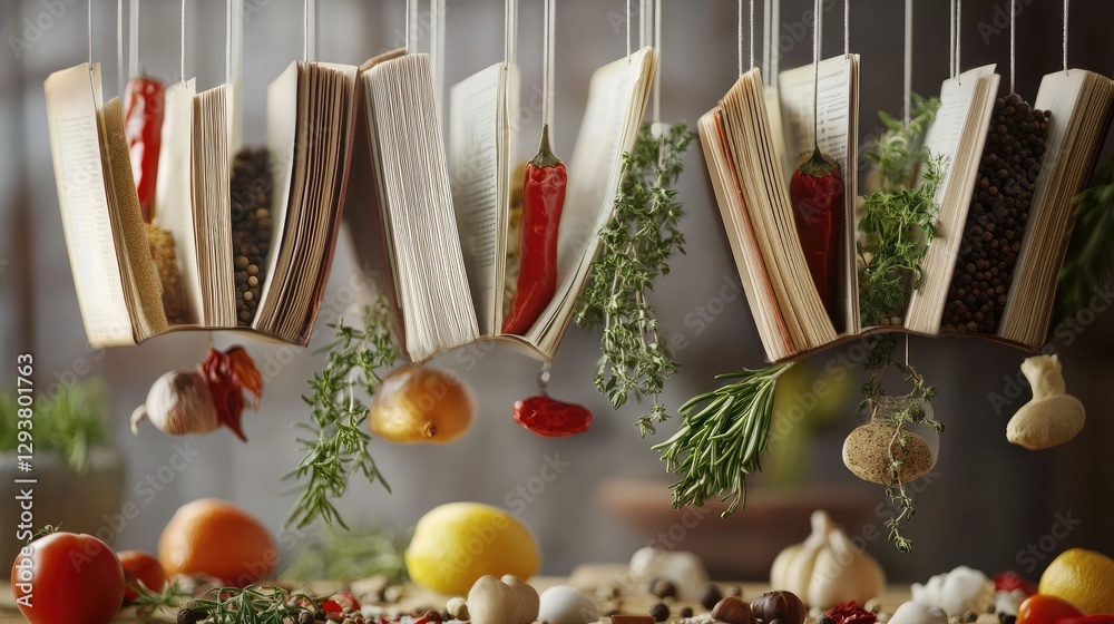 Poster A whimsical cookbook display with suspended spices and ingredients, creating an imaginative and unique visual