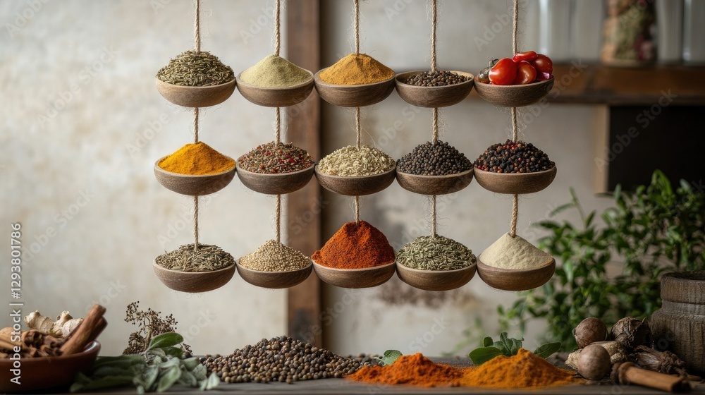 Poster A whimsical cookbook display with suspended spices and ingredients, creating an imaginative and unique visual