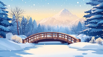 Snowy winter landscape with wooden bridge over frozen lake. Possible use Christmas card, greeting card, wallpaper