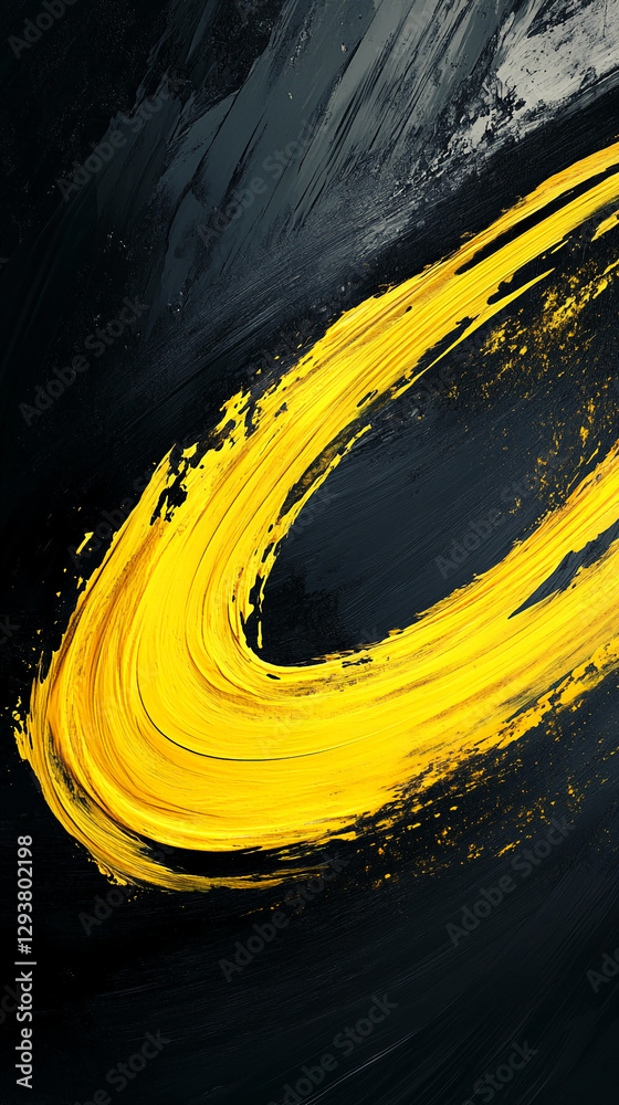 Poster yellow brushstroke creating a bold curve across a dark background, symbolizing energy, movement, and
